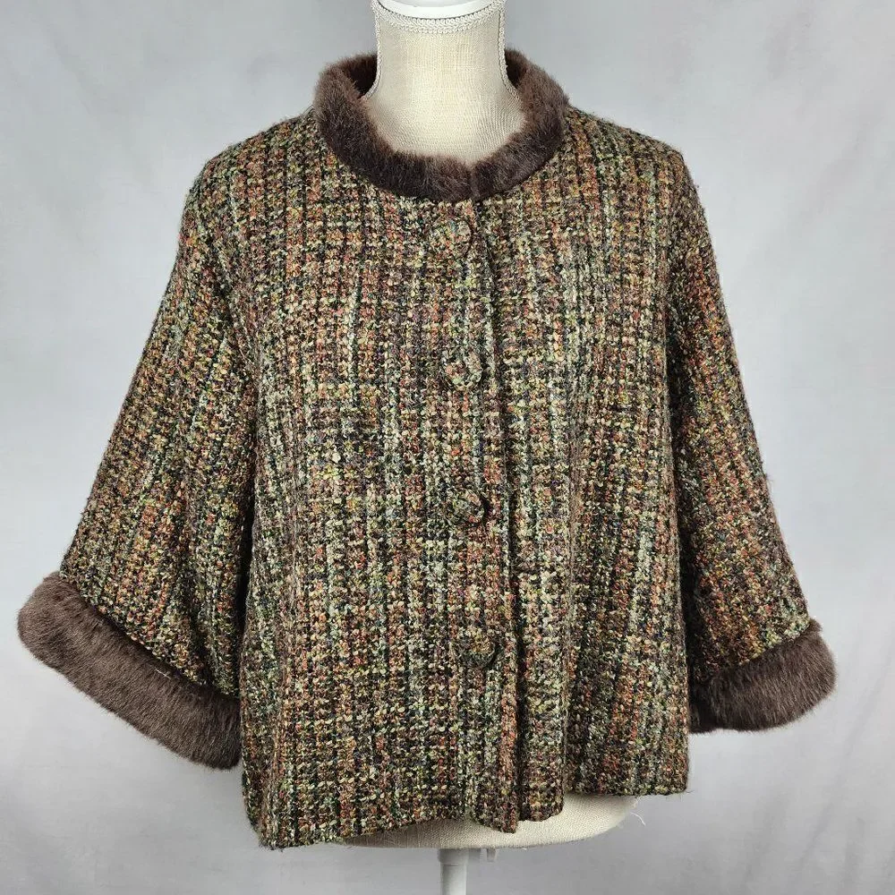 Tweed Cashmere Blend Jacket Faux Fur Trim Women Free Size Isabella's Journey - Picture 1 of 8